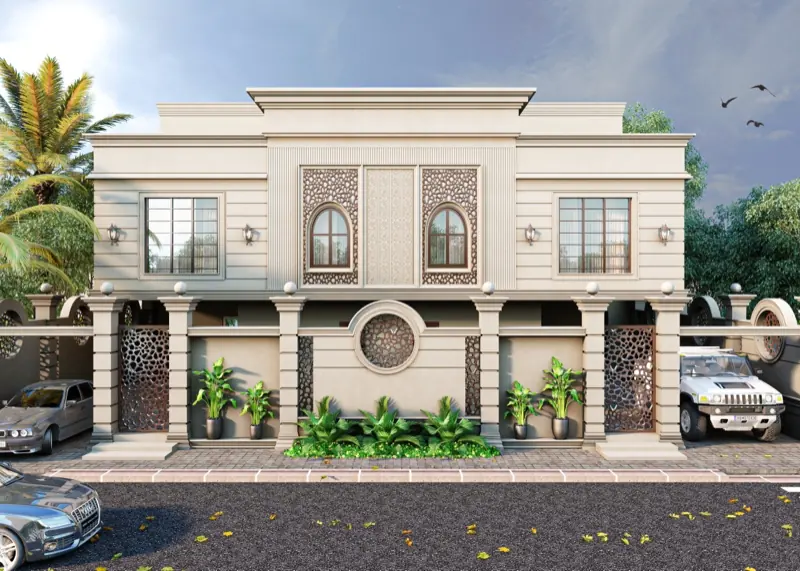 عمارة سكنية حجرية بألواح هندسية مفرّغة
