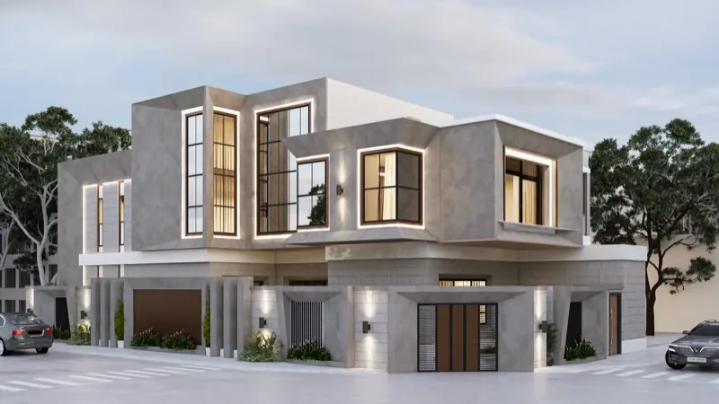 فيلا عصرية بكتل رمادية متداخلة