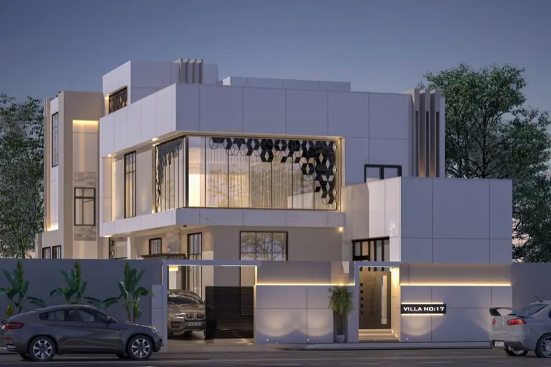 فيلا بيضاء بشاشات هندسية مثقّبة